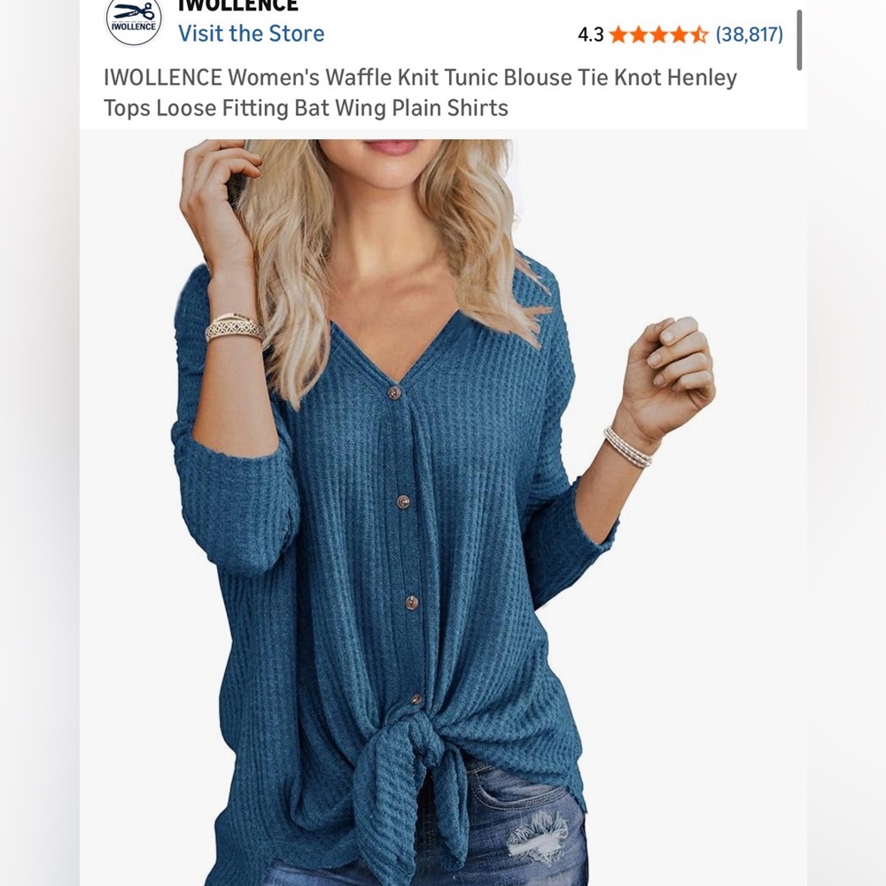 IWOLLENCE Women's Blue Waffle Knit Tunic Blouse